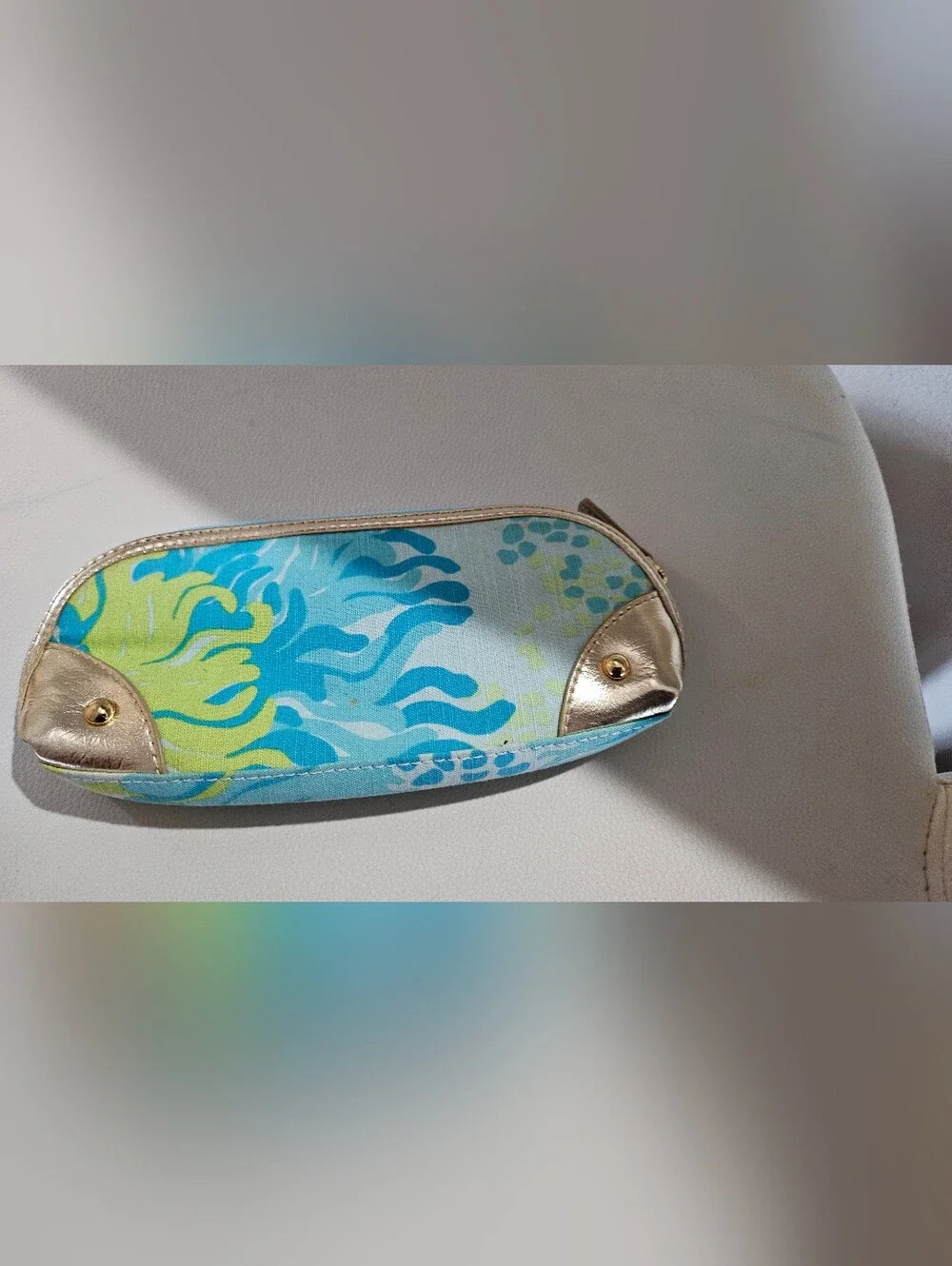 Lilly Pulitzer Originals Cosmetic Makeup Bag Blue Green Floral Gold Trim